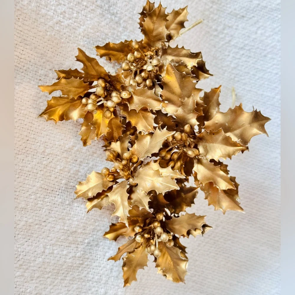 5 VINTAGE Metallic Gold Winter Holly Faux Floral Stems Thick & Rubbery Picks